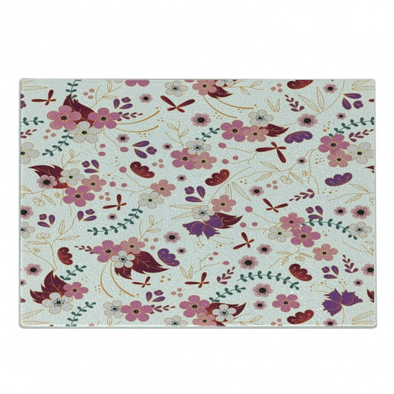 Botany Cutting Board, Cartoon Design Pattern of Spring Floweret and Branches Repetition Print, Decorative Tempered Glass Cutting and Serving Board, in 3 Sizes, by Ambesonne
