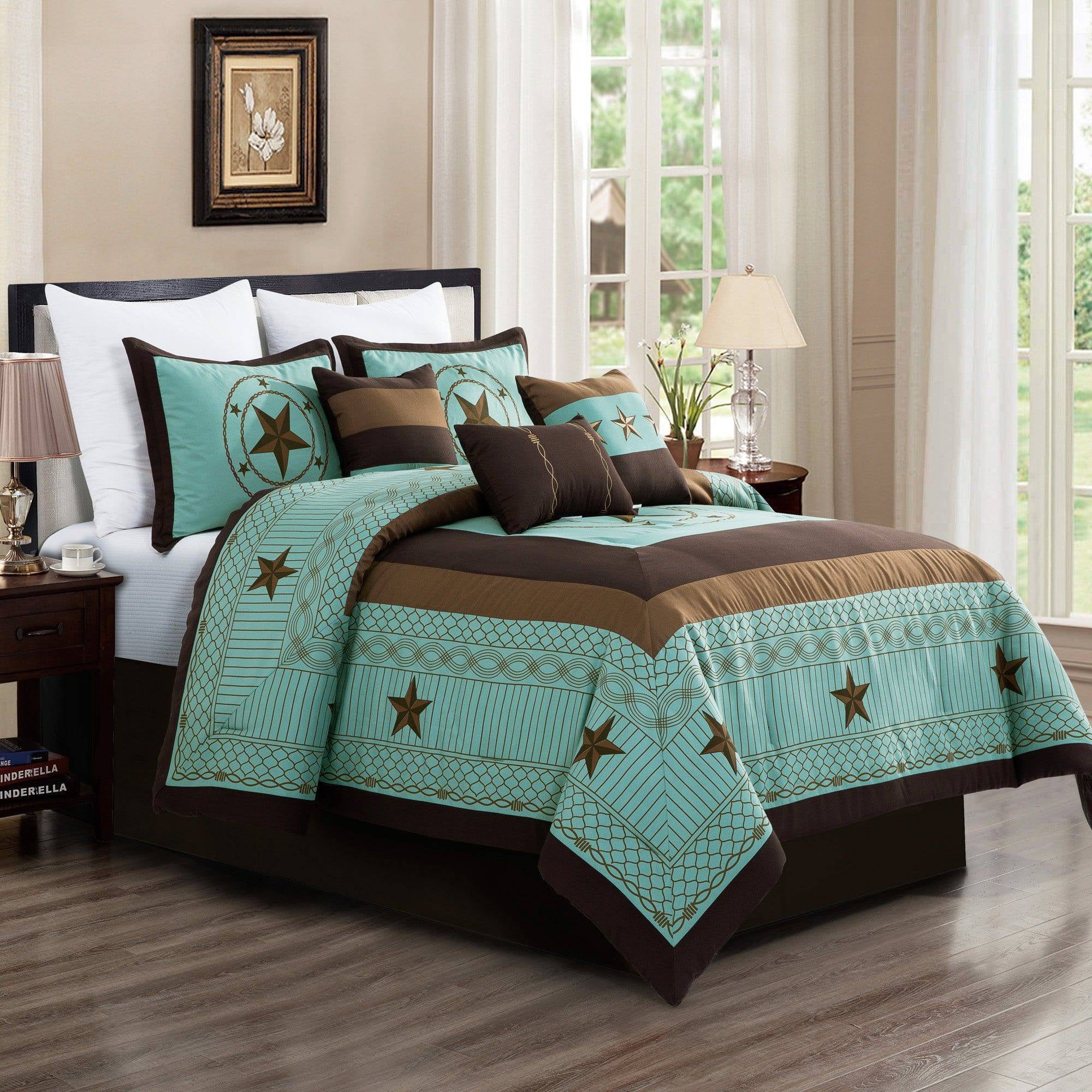 Rustic Gold+Turquoise Embroidery Texas Star Western Luxury Comforter Suede 7Pc's 