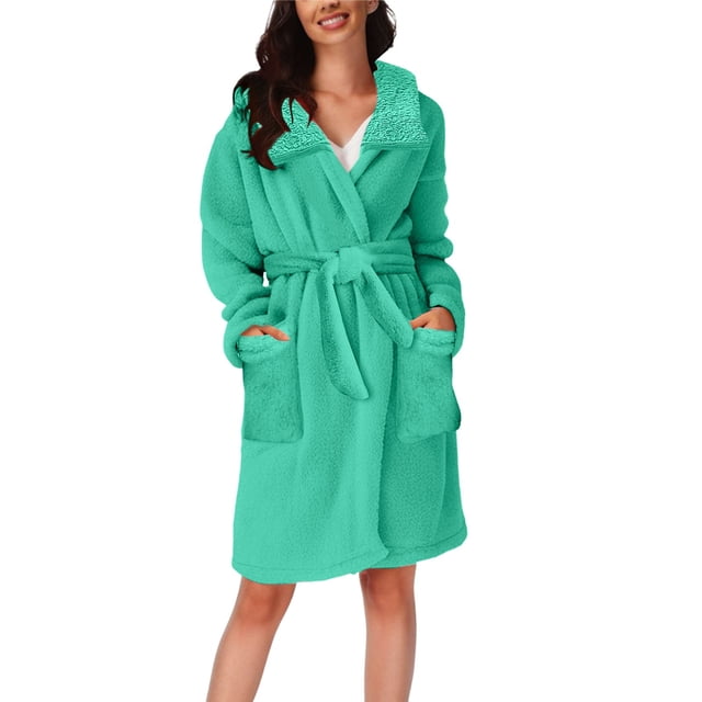 WZXFASHION Pyjama à Capuche pour Femmes Automne/hiver Peignoir Thermique en Peluche Robe de Nuit WomenRobes Vert G