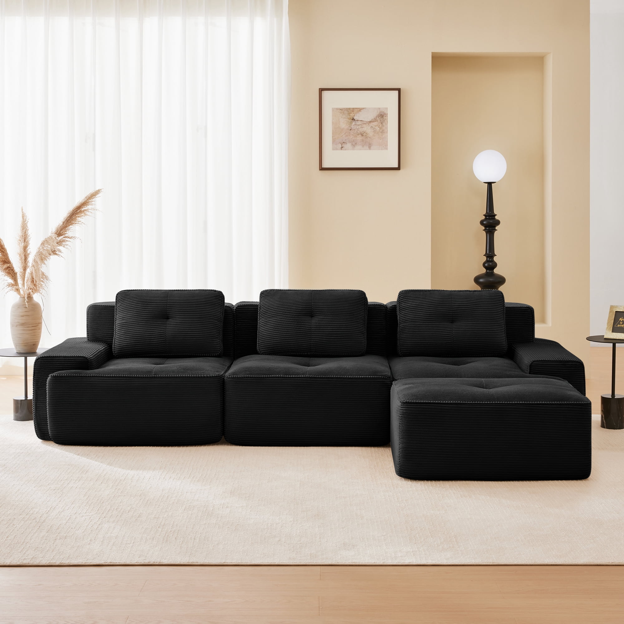 Yoneston 117" L-Shaped Modular Sectional Sofa 3 Seater Couch with Cushions and Ottoman, No Assembly Corduroy Sofa with Deep Seating for Living Room Bedroom Apartment, Black