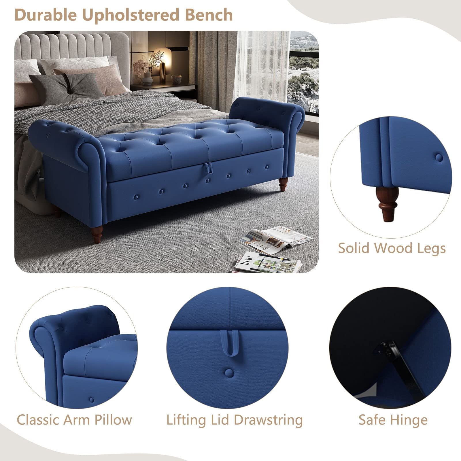 Tmsan 63" Modern Storage Ottoman Bench,Bedroom End of Bed Upholstered Benches,for Living Room, Entryway, Blue (Polyester)
