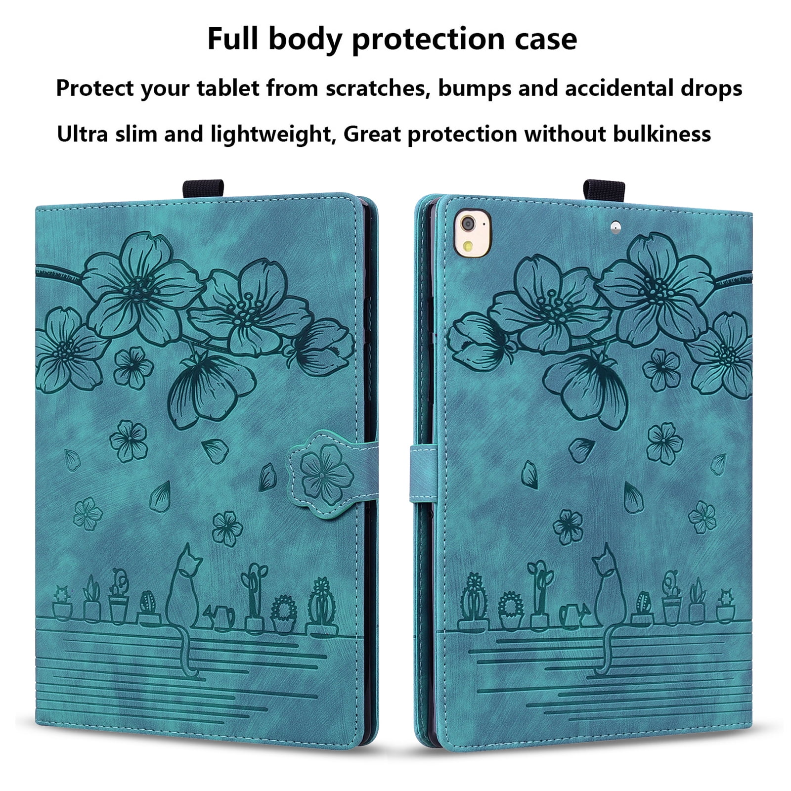 ChicShell for iPad 9th/8th/7th Generation Case 2021/2020/2019 Release with Stand/Pencil Holder/Pocket [Auto Wake/Sleep] Magnetic Smart Embossed Flower Folio Cover for 10.2", Cherry Blossom Green Cat