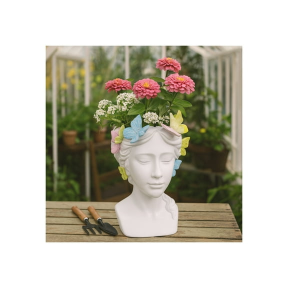 Planter and Flower Pot for Home Decor - Whimsical Plant Pot for Indoor or Outdoor Use with Butterfly and Face Sculpture - Modern Indoor Plant Stand Ideal for Garden and Patio Accent - 11" White