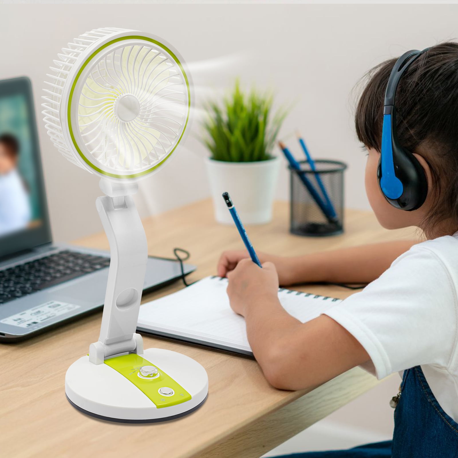 Portable Rechargeable Folding Fan with Light 3 Speed & LED Desk Lamp for Outdoor Camping, Travel