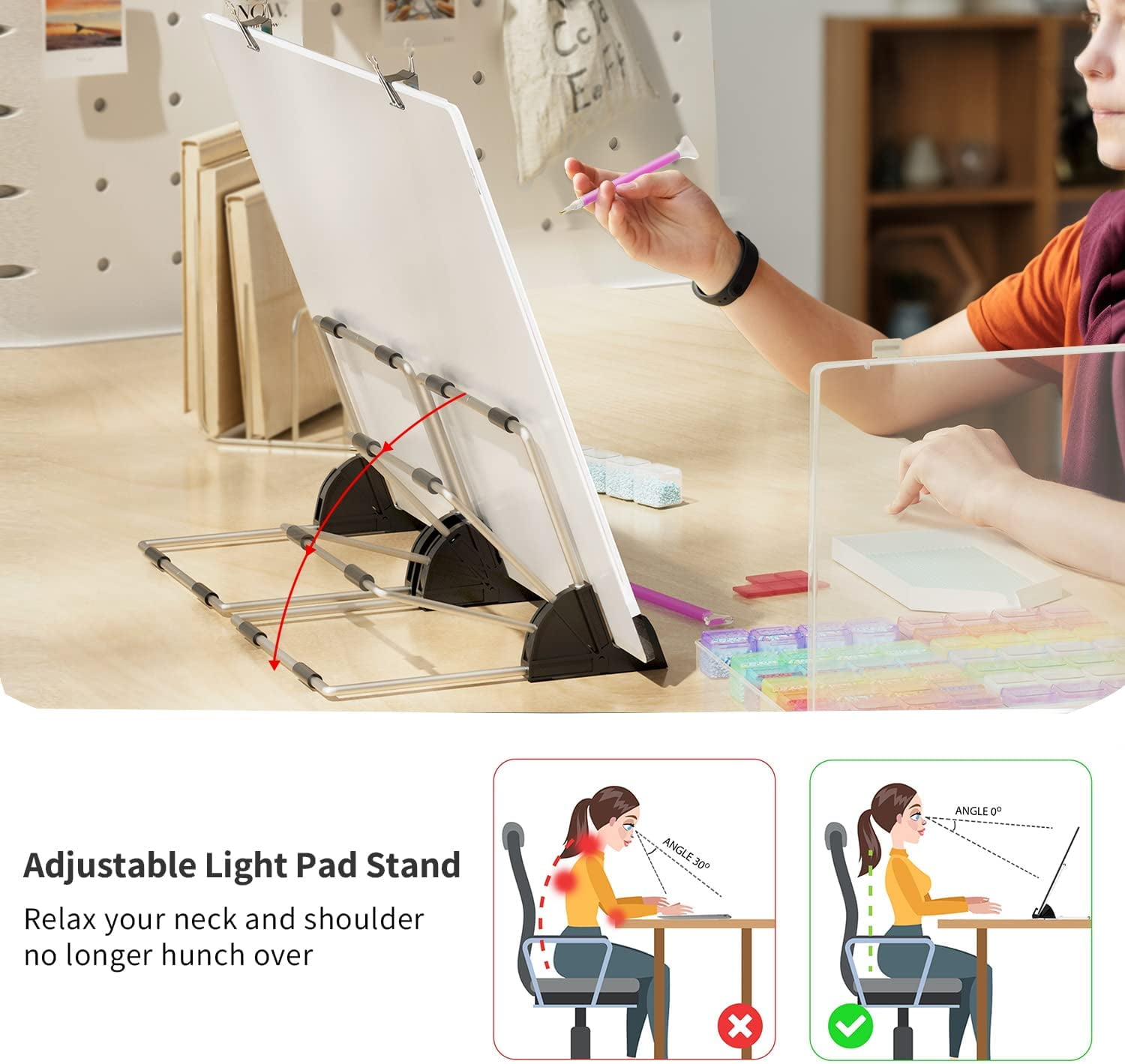 HSK A2 LED Artist Light Pad kit Dimmable Brightness with Lock/Unlock Modes  for Diamond Painting, Adjustable Angle Stand