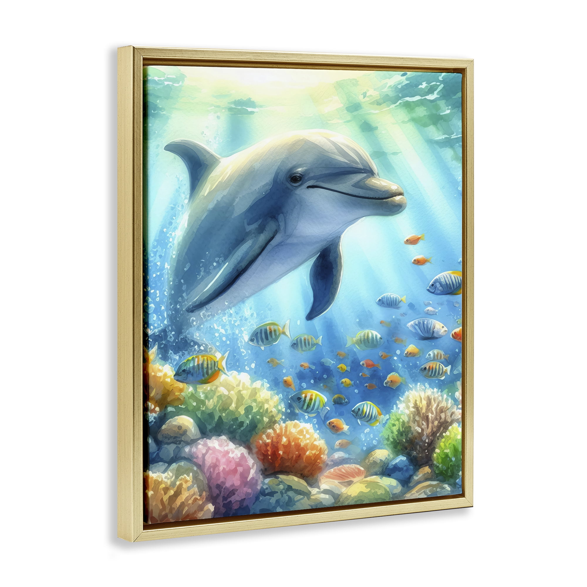 Stupell Industries Majestic Dolphin Underwater Nautical & Beach Painting Gold Floater Framed Canvas Art Print Wall Art, 17 x 21