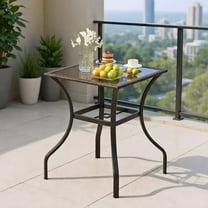 Resenkos 28"Outdoor Patio Square Glass Top Table, Square Tempered Glass Metal Table with Rattan Edging