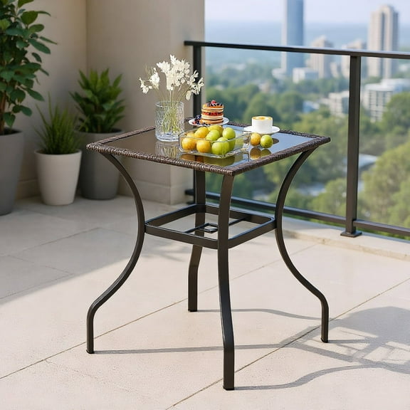 Resenkos 28"Outdoor Patio Square Glass Top Table, Square Tempered Glass Metal Table with Rattan Edging