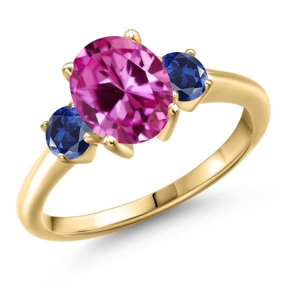 Gem Stone King 10K Yellow Gold Pink Created Sapphire and Blue Created Sapphire Engagement Ring for Women | 1.50 Cttw | Oval 9X7MM | Gemstone September Birthstone | Size 6