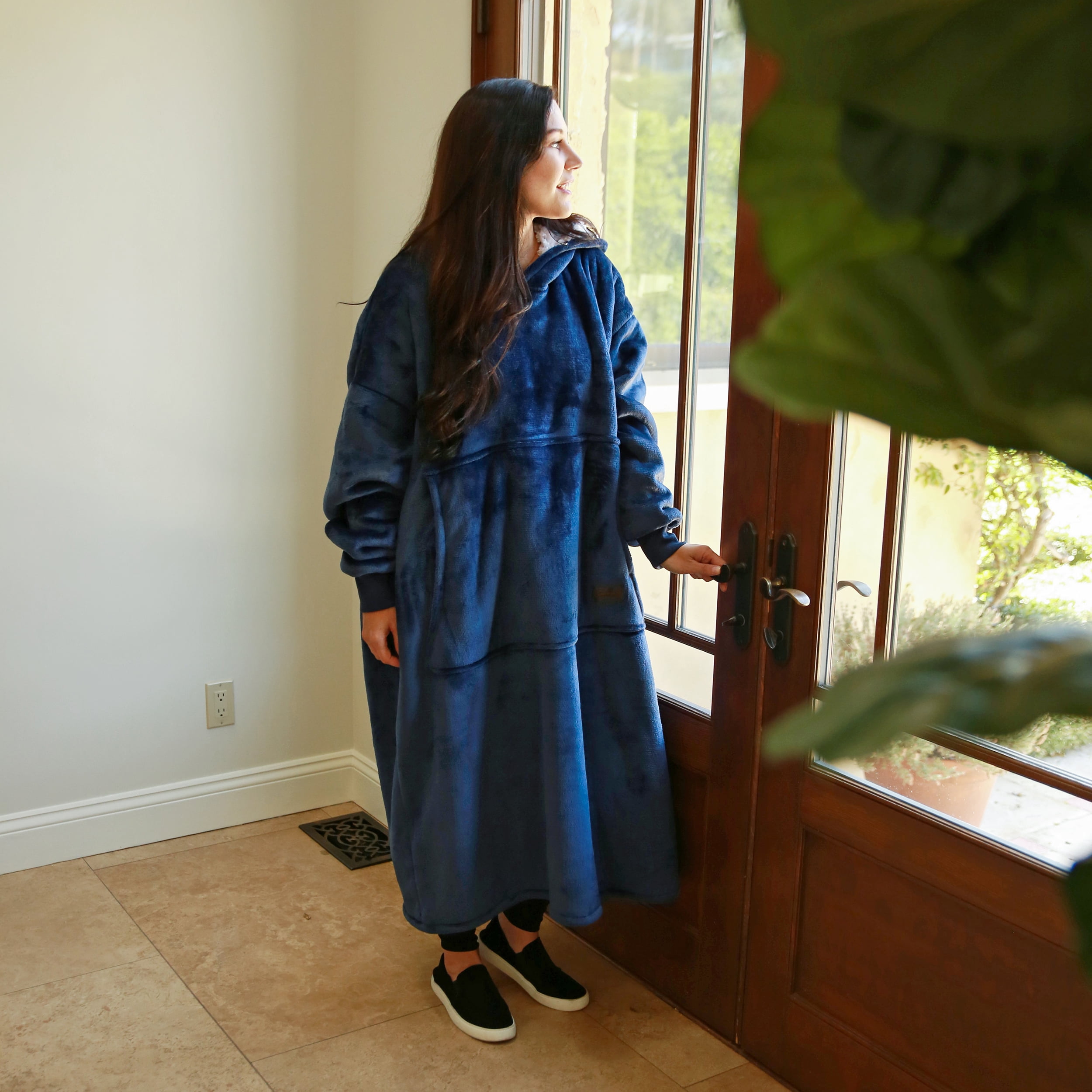 Catalonia Oversized Hoodie Blanket Sweatshirt, Comfortable Sherpa Lounging Pullover for Adults, Gifts for Women, Navy Blue