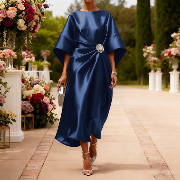 LEKWK Formal Dresses for Women Satin Elegant 3/4 Sleeve Boat-Neck Midi Dress Crystal Brooch Ruched Evening Gown Wedding Guest Cocktail Party outfits
