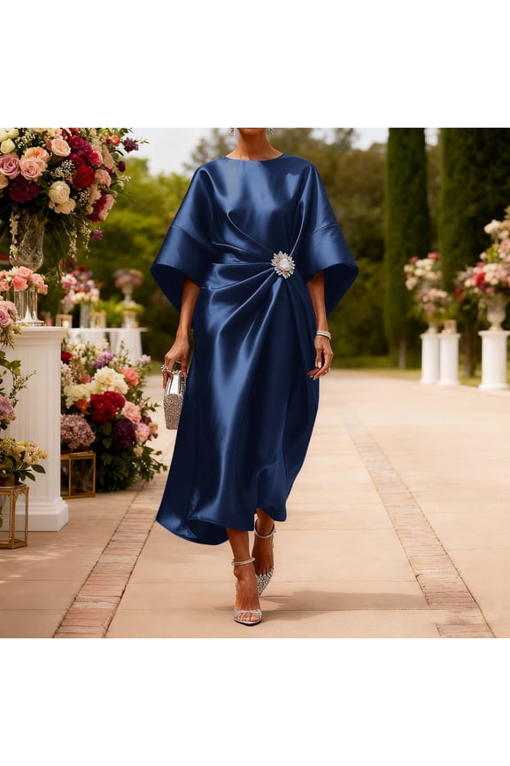 Formal Dresses for Women Satin Elegant 3/4 Sleeve Boat-Neck Midi Dress Crystal Brooch Ruched Evening Gown Wedding Guest Cocktail Party outfits
