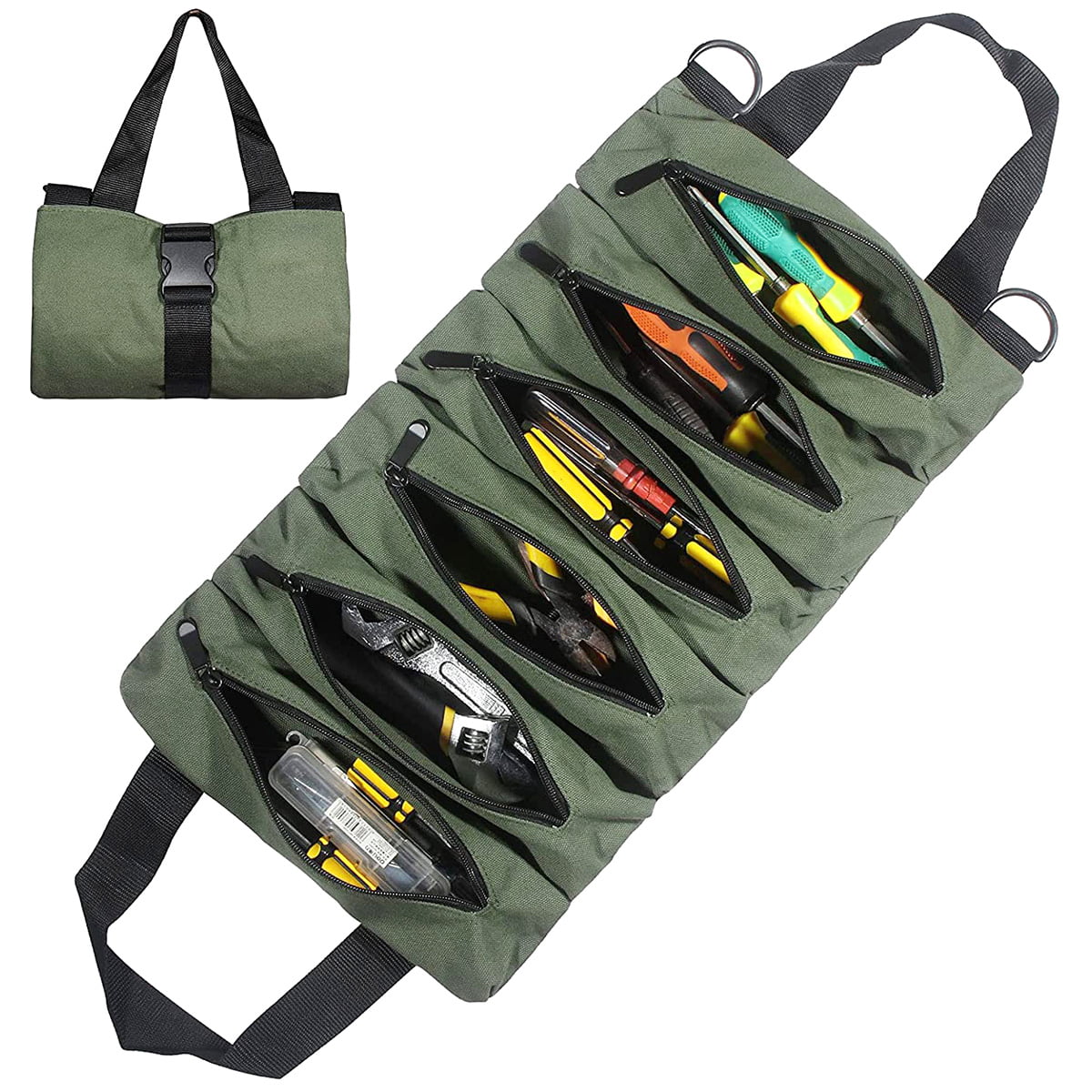 Tool Roll Up Bag Canvas with 6 Zipper Pockets Large Capacity Tools