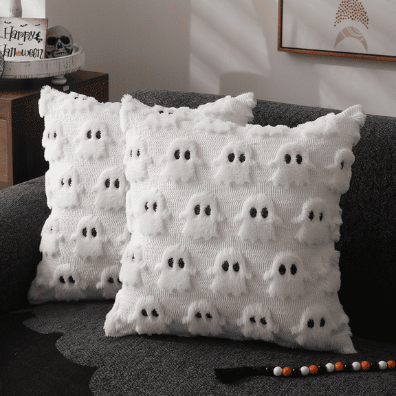 Halloween Pillow Covers 18x18 Inch Set of 2, White Ghost Throw Pillow Cases, Soft Plush Faux Fur Wool Cushion Covers for Sofa, Chair, Bedroom, Living Room Home Decor