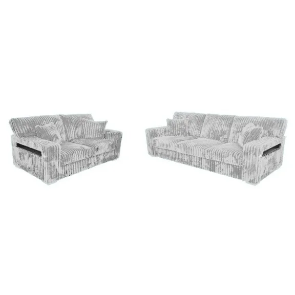 2 Piece Silver Corduroy Upholstered Sofa Set with USB Port & Pillows, Living Room Furniture Sofa and Loveseat Set