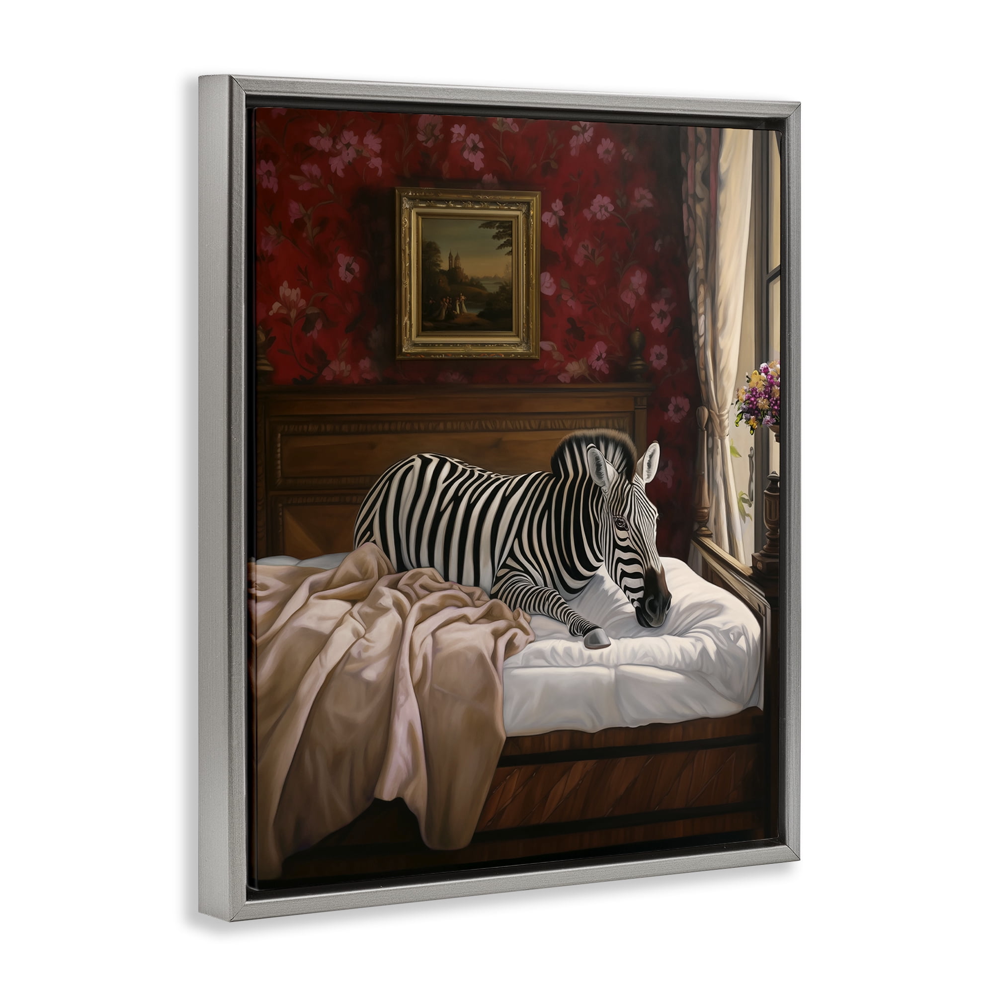 Stupell Industries Zebra on Regal Bed Animals Painting Gray Floater Framed Canvas Art Print Wall Art, 25 x 31