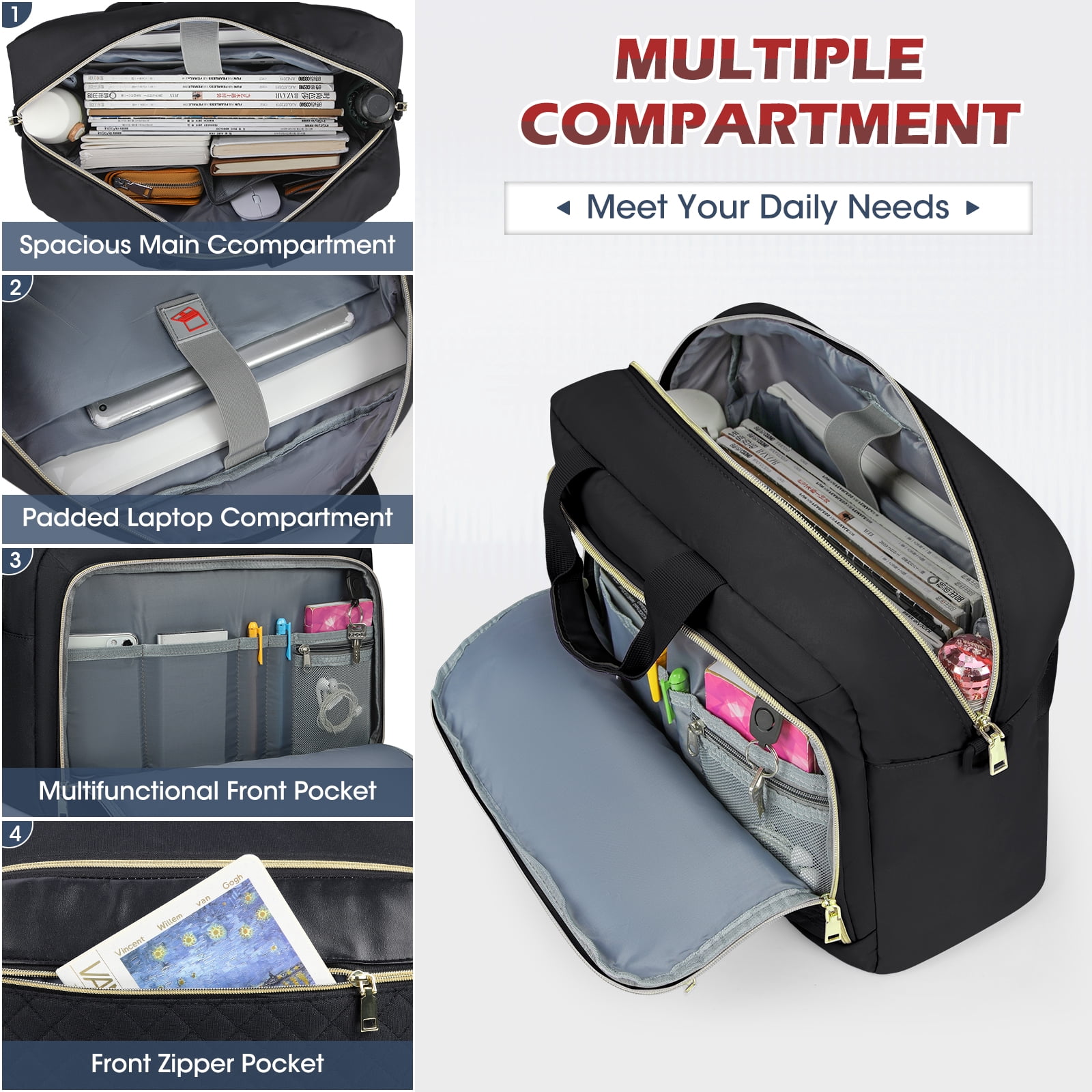 RAINSMORE Laptop Bag 17.3 Inch Laptop Briefcase for Women Men Waterproof Shoulder Messenger Bag Large Computer Bag for Business Office Work College,Black