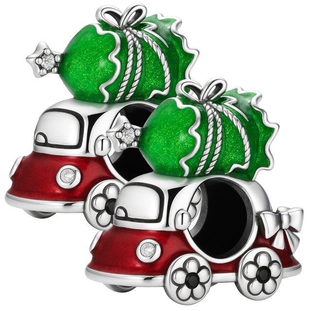 Dije coche rojo regalo verde XmasCar01 2Pzas Plata S925 Chapa Separador Fijo Carro Navideño Plata/Multicolor Caja Blanca