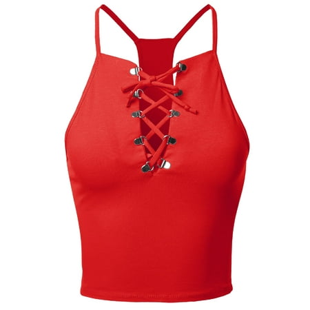 - FashionOutfit Women's Eyelet Lace Up Racer-Back Adjustable Strap Cami Tank Top
