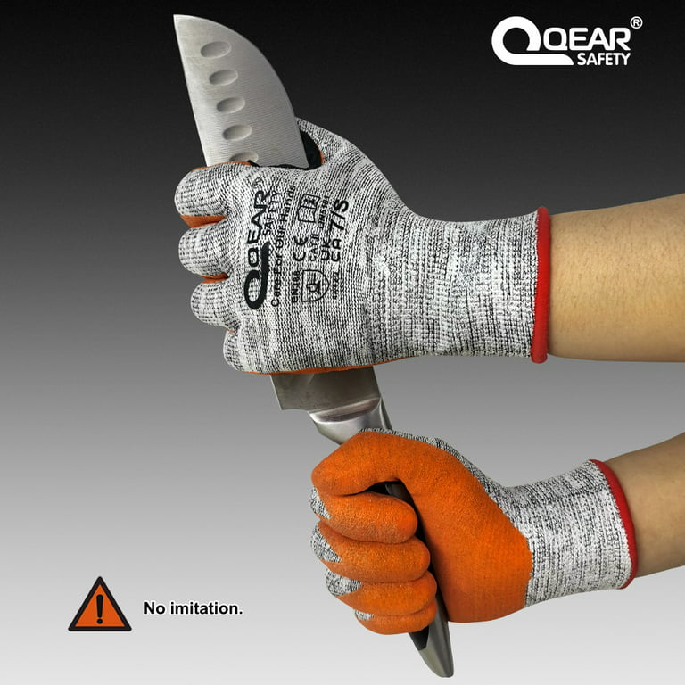 Blade Cut Resistance 5 Work Safety Gloves, ISO 13997 Cut D, HPPE/GlassFiber  Yarn Knitted Liner, Palm Orange Sandy Nitrile Rubber Coated for Abrasion