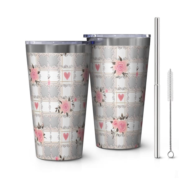 16oz Tumblers Pioneer Flower Floral Print Pattern Stainless Steel Vacuum Insulated Double Wall Travel Tumbler Cups Mug with Lid and Straw,Cleaning Brush for Coffee,Tea