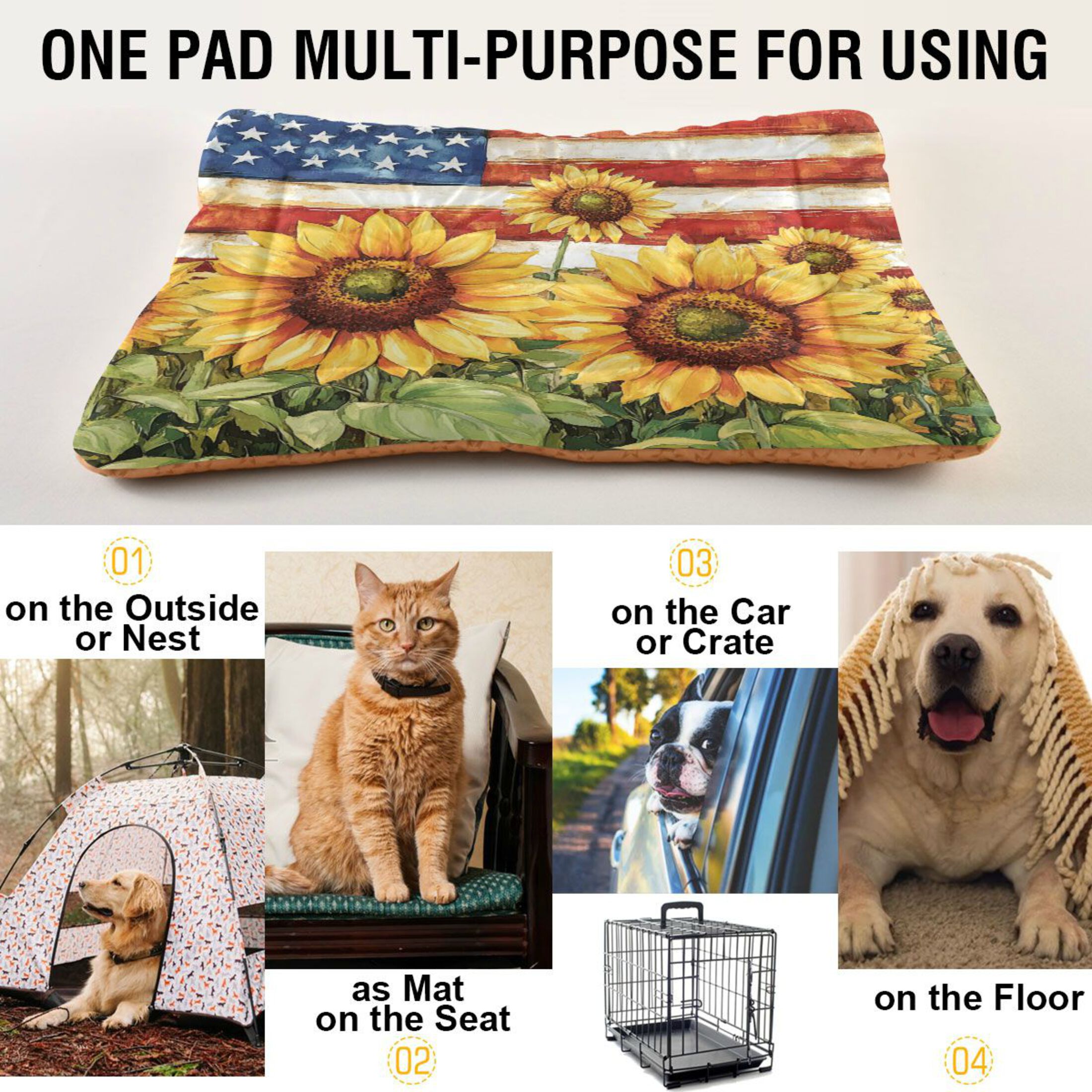 Qxltty Sunflower American Flag Ped Pad Wear-resistant and Hard to Bite Through Sleeping Pad for Small Medium Large Dogs Winter Pet Bed 36×24in