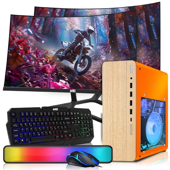 Restored HP Full Light Desktop Computer PC Phoenix Intel i5, 16GB RAM, 512GB SSD, Dual 27 Inch Curved Monitor, RGB KBM with AI Copilot, WiFi, RGB Sounbar, Windows 11