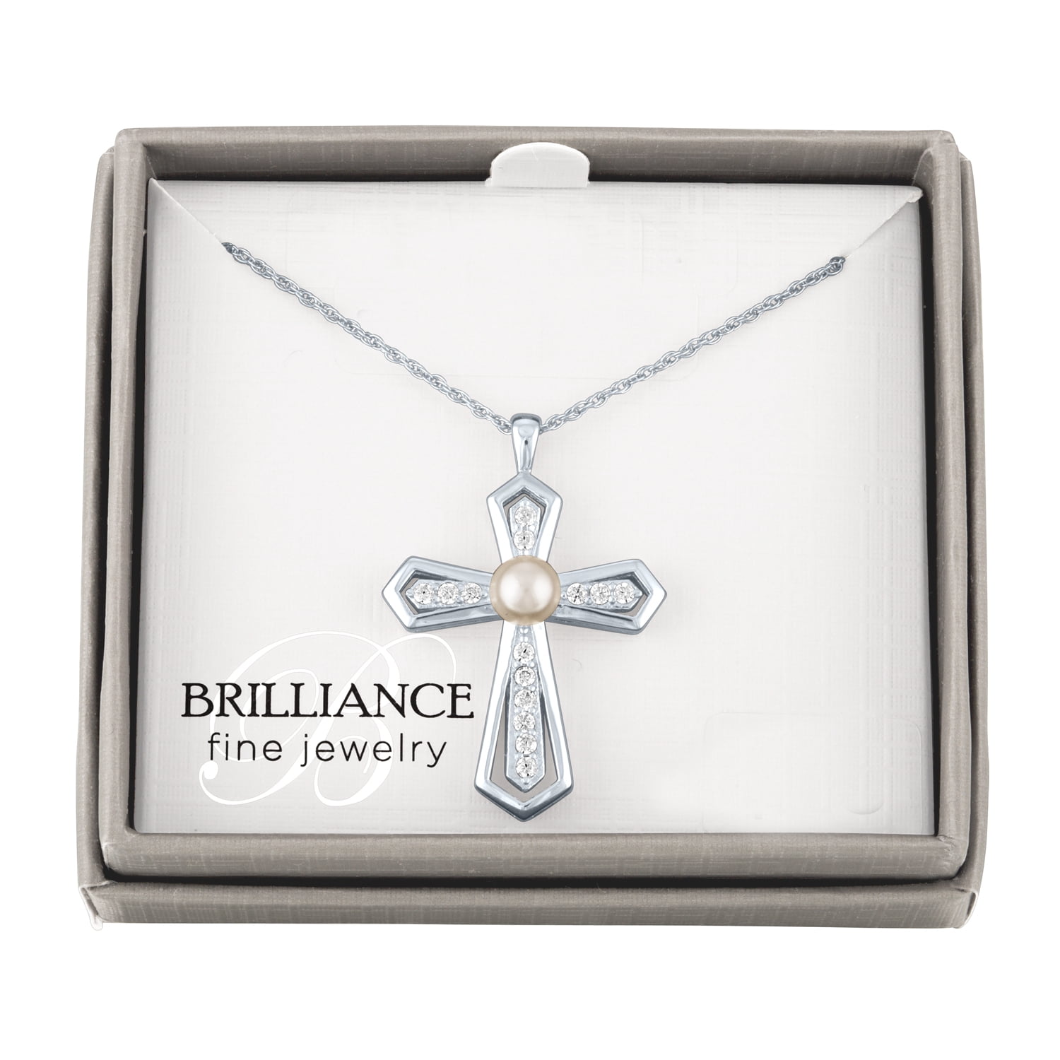 Brilliance Simulated Pearl and CZ Sterling Silver Cross Pendant, 18"