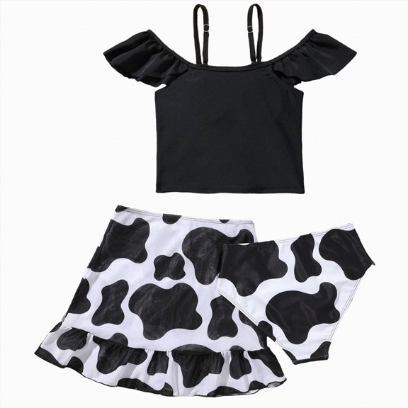 Ymyiu Girls Swim Suit Girls Swimsuit Bathing Suits 3 Piece Cross Bikini Sets Girls' Swimwear with Cover Up Skirt Size 9-10 Years (Black,9-10 Years)
