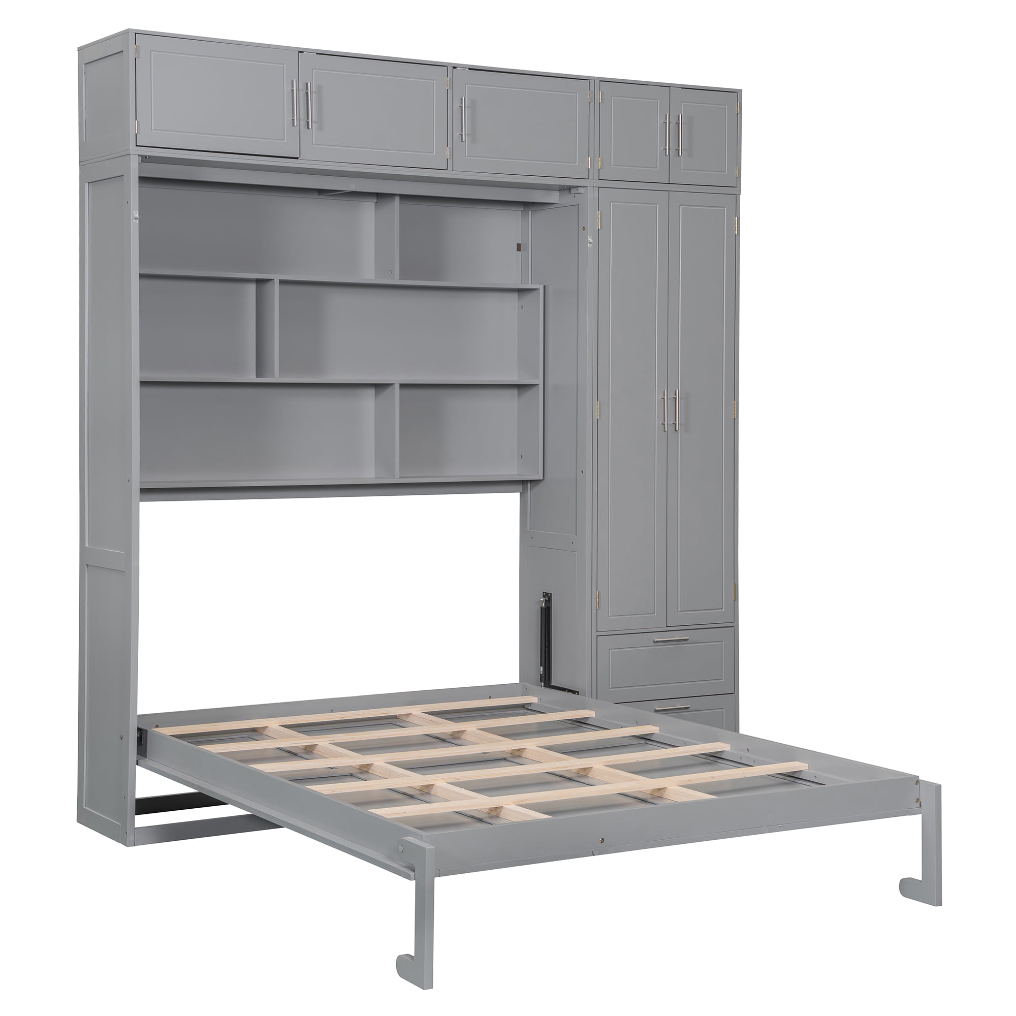 Mintazer Queen Size Murphy Wall Bed with Cabinets & Open Bookshelf, All-in-One Foldable Cabinet Bed with Side Wardrobe & 2 Storage Drawers for Small Apartment Guest Room Home Office, Gray