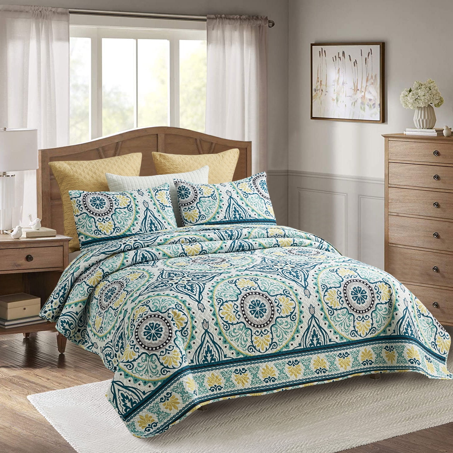 JML Quilt Set 3-Piece King Size, Soft Reversible 1 Quilt & 2 Shams Bedspread Coverlet Set,Atrovirens & Yellow