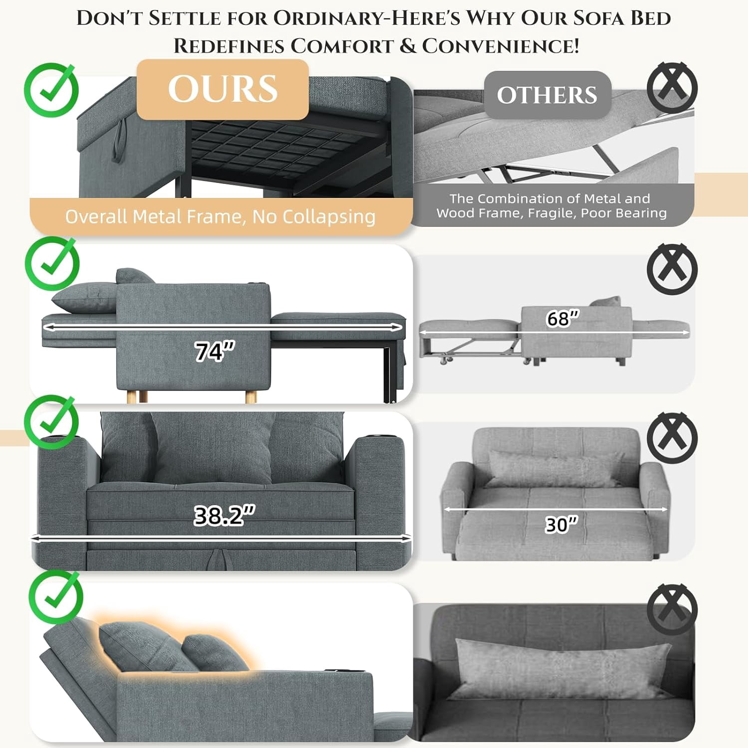 AECOJOY Sofa Bed, 38" Extra-Wide 3-in-1 Convertible Pull-Out Single Sofa with Adjustable Backrest and Cup Holder, Dark Grey