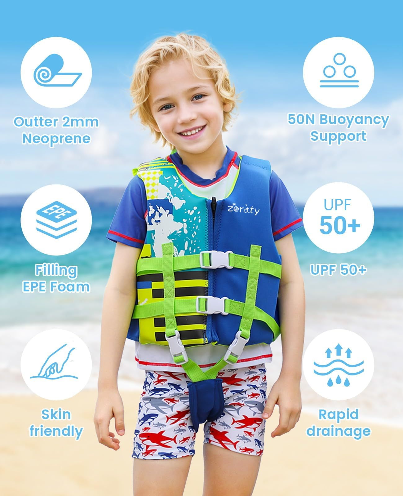 Zeraty Kids Swim Vest Life Jacket Flotation Swimming Aid with Adjustable Safety Strap Age 1-9 Years/22-50Lbs