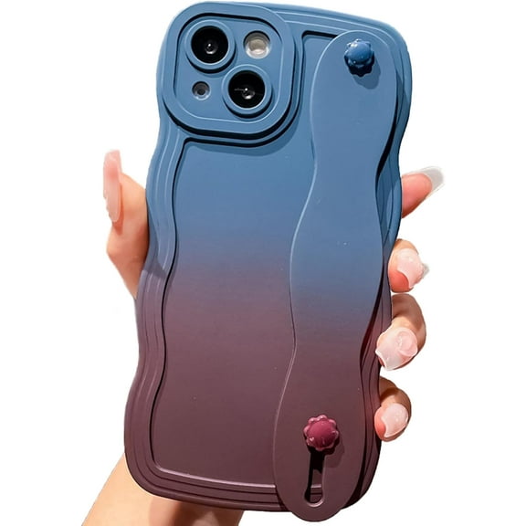 for iPhone 12 Pro Max Case with Strap Cute Curly Wave Frame Shape Kawaii Gradient Color Kickstand Phone Case for Women Girls Slim Shockproof Soft Full Camera Protective Cover, 6.7"-Blue Red