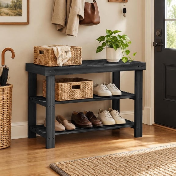 3-Tier Bamboo Shoe Rack Bench, sturdy entryway storage organizer shelf for front door, hallway and living room