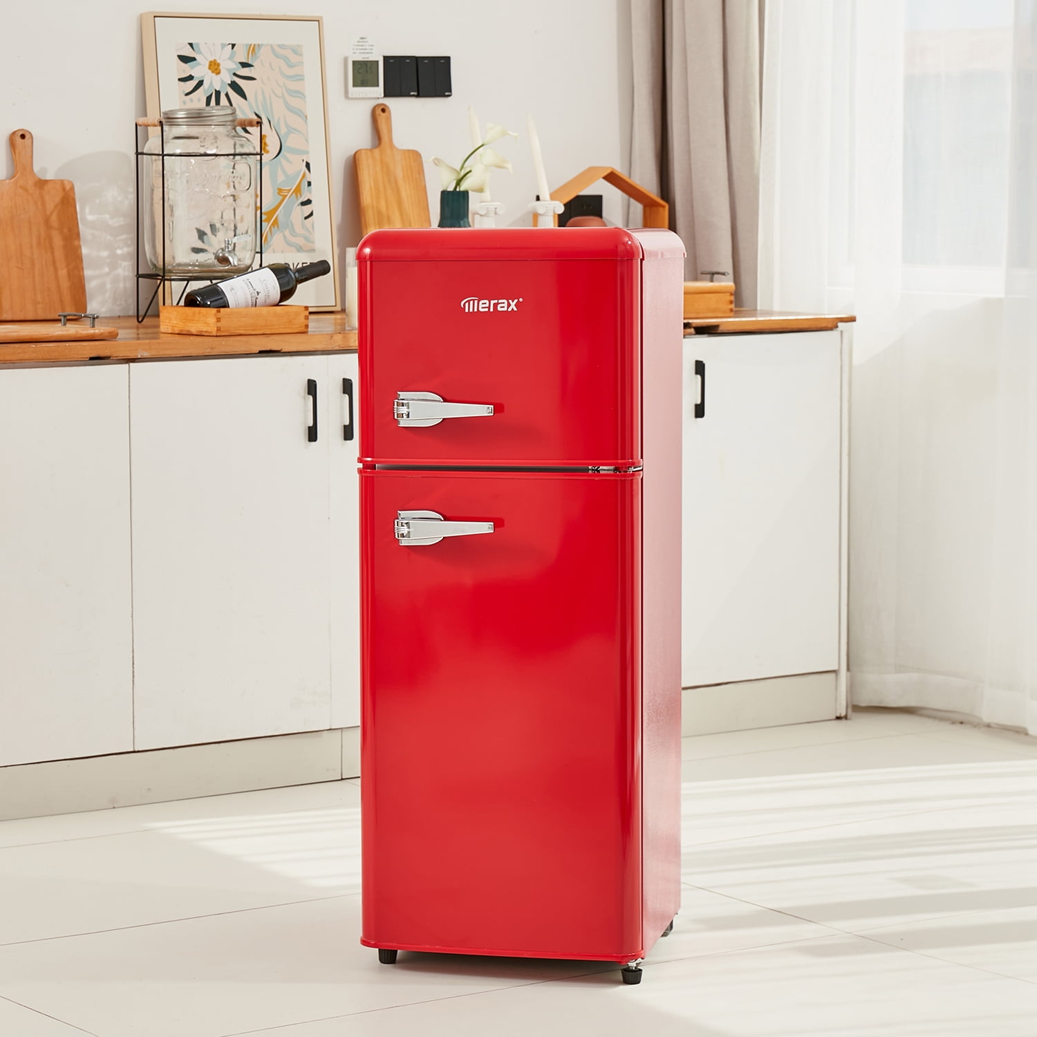 Spaco 4.5 cu. ft. Dual Zone Refrigerator, 3.3 Fridge + 1.2 cu. ft. 4-Star Freezer, 7 Temperature Settings, 45 dB, LED Lighting, Red Spaco 4.5 cu. ft. Dual Zone Refrigerator, 3.3 Fridge + 1.2 cu. ft. 4-Star Freezer, 7 Temperature Settings, 45 dB, LED Lighting, Red