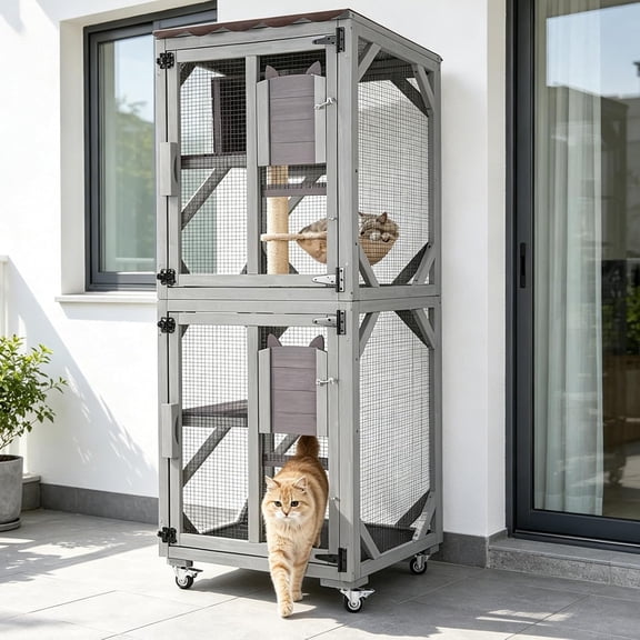 Aivituvin Outdoor Cat Catio Enclosure with Wheels, Movable Outdoor Cat House Cat Cage with Upgraded Resting Box, Waterproof Cover