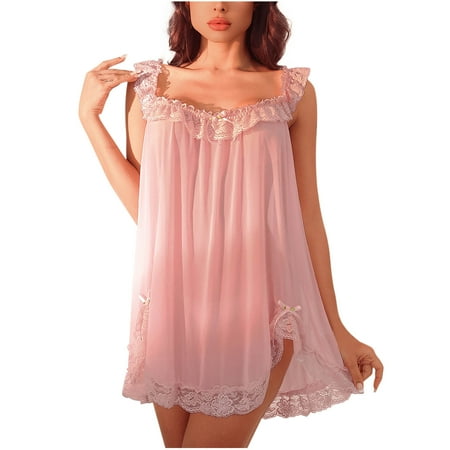 Oplxuo Women s Embroidery Lace Nightgown Sexy Flowy Chemise Exotic Sheer Babydoll Lingerie with Panty Honeymoon Sleepwear