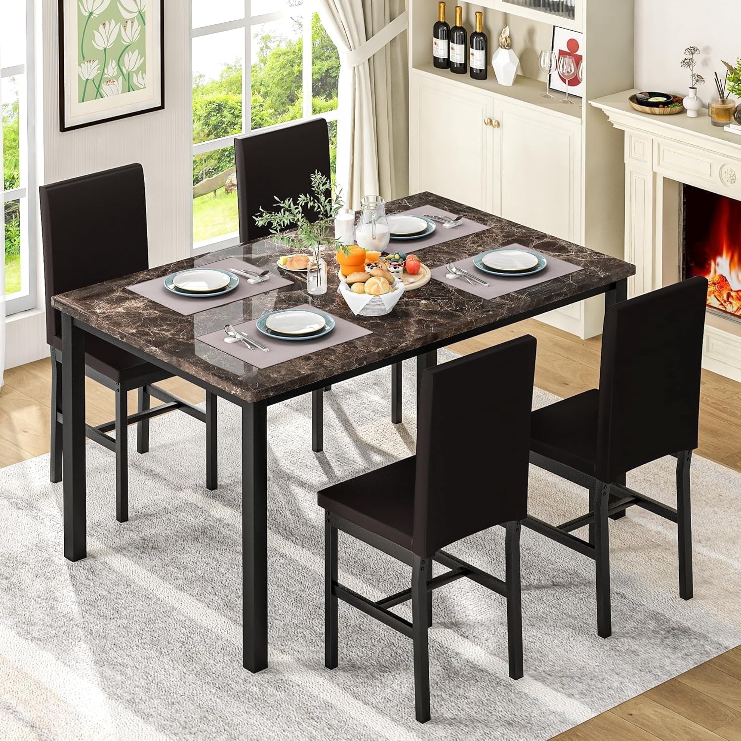 Baxluxe Modern 5-Piece Dining Table Set, Artificial Marble Dining Table. With 4 chairs in PU leather for use in the kitchen and living room, brown