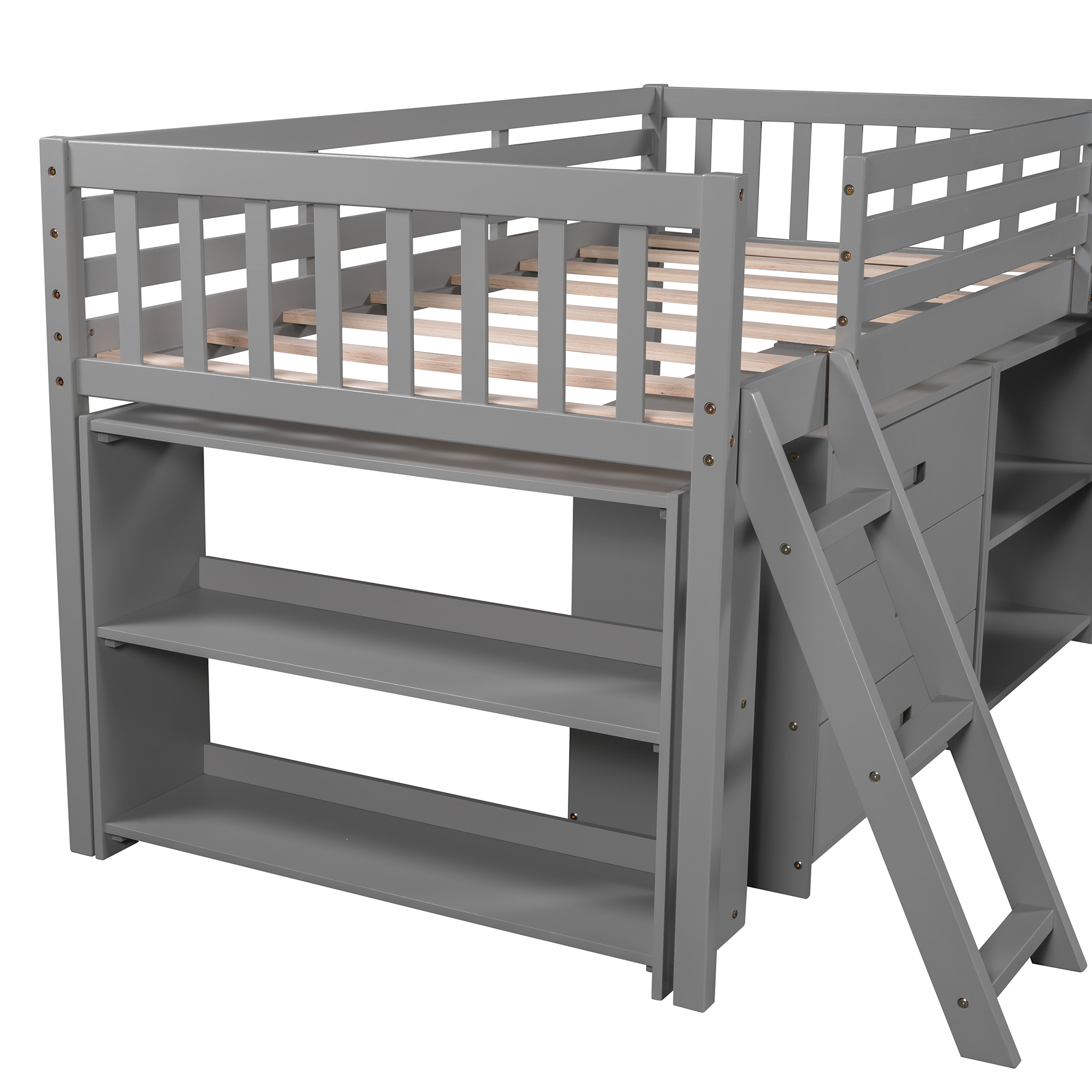 Euroco Wood Twin Size Low Loft Bed with Bookcase, Drawers, Ladder and ...