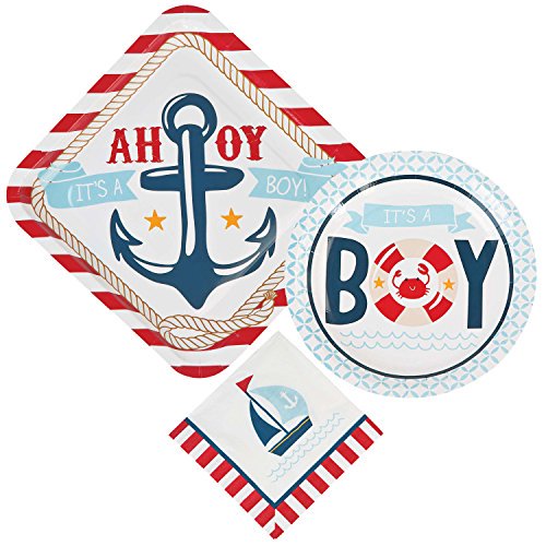 Paquete de suministros náuticos para baby shower para 16 invitados: 3 artículos, platos grandes, platos pequeños, servilletas Nautical Baby Shower Party Pack 720670248693