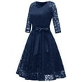thumbnail image 2 of SWSMCLT Women's Midi Lace Dress V Neck Short Illusion Quarter Sleeve Swing Dinner Evening Cocktail Party Homecoming Skater Dress Flowy Billowy Pleated Overlay Luxury Formal Navy Small, 2 of 3