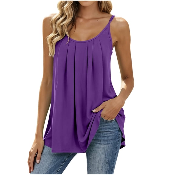 Kukoosong Women's Pleated Front Tank Tops, Adjustable Spaghetti Strap Flowy Camisole, Scoop Neck Loose Sleeveless Shirts for Summer Casual Layering