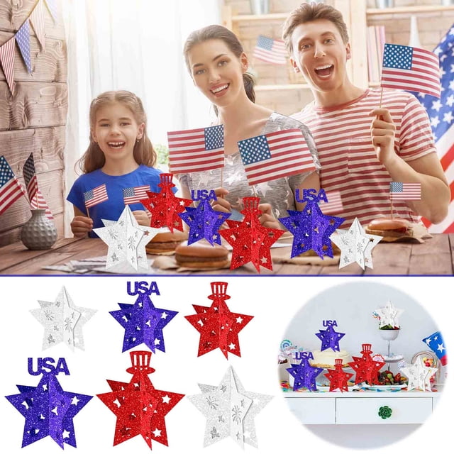 Decoración de mesa de 6 piezas con forma de estrella para el 4 de julio: centros de mesa con estrellas huecas rojas, blancas y azules, artículos para fiestas del Día de la Independencia, adornos