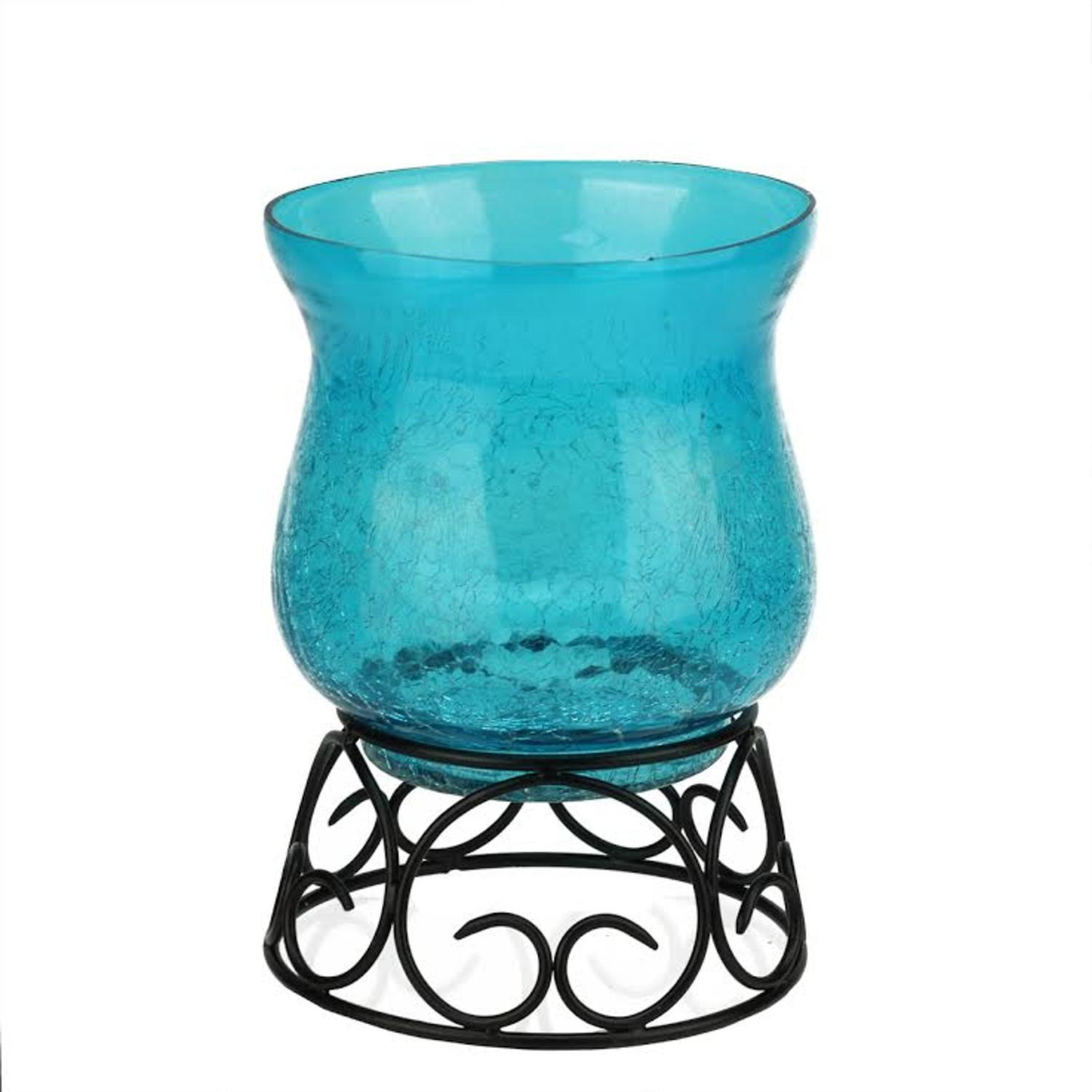 7.5" Decorative Transparent Blue Crackle Finish Glass Pillar Candle