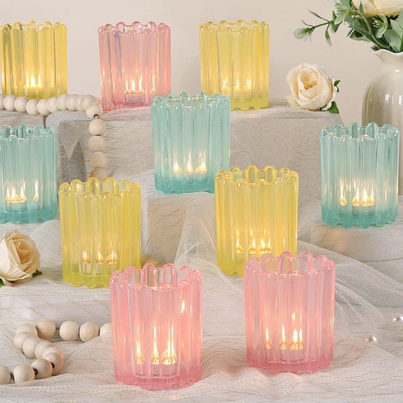 Glass Pink Votive Candle Holder, Blue Baby Shower Ribbed Frosted Votive Candle Holders Set of 12, Mixed Color Tealight Candle Holder for Wedding Centerpieces Dinner Party Table Decor