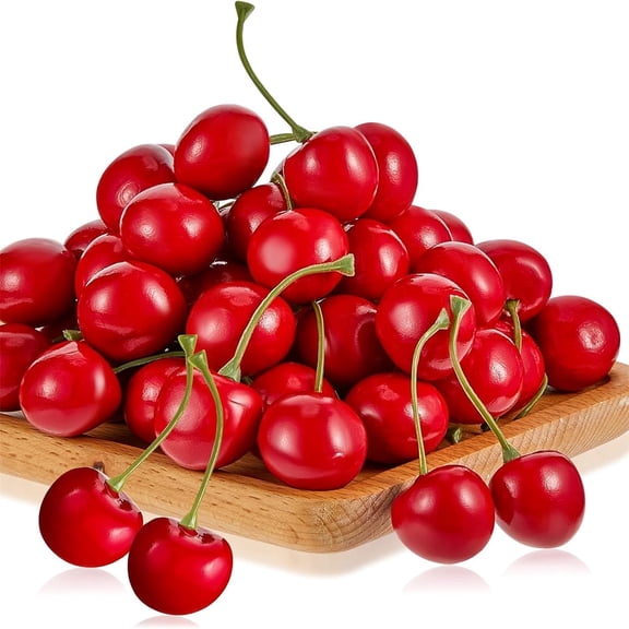 Simulation Fruit Cherry,Tutuviw 50 Pcs 1 inch Fake Cherry Fruit Decorations,Home Kitchen Fruit Plate Decoration,Realistic Cherry for Cake Dessert Fruit Basket Ornaments,Artificial Fruit (Red)