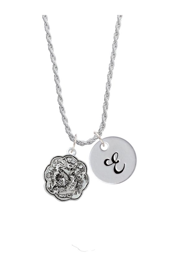 Silvertone Dragon and Phoenix Medallion Silvertone Script Initial Disc - E - Charm Necklace, 20"+3"