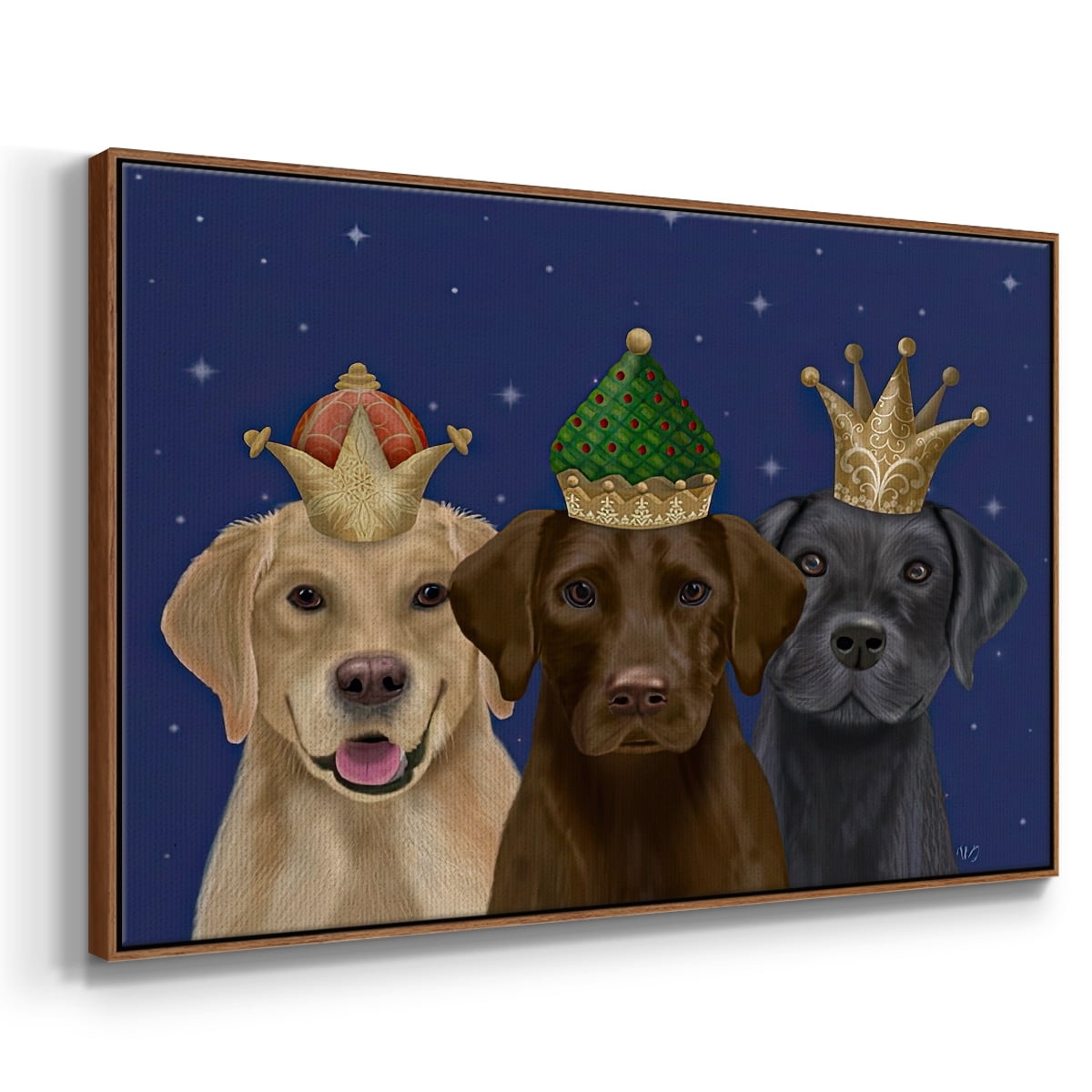 Christmas Labradors, Three Kings - Framed Gallery Wrapped Holiday Canvas - 25 x 37 - Rosewood Frame