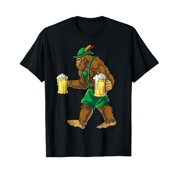 Bigfoot Lederhosen T Shirt Oktoberfest Men Prost Beer Mug Cotton Black T-Shirt
